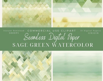 Sage Green Watercolor Seamless Digital Paper clipart-Digital download- watercolor patterns-Scrapbook-digital background art-Gold