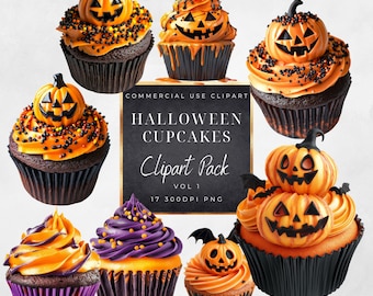 Halloween Cupcakes Clipart-dessert-treats-Trick or Treat-Spooky Watercolor- PNG-commercial use