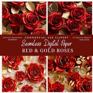 Rode en gouden rozen naadloze digitale papier clipart, bloempatronen-roos achtergronden, Moederdag, commercieel gebruik, bloemen achtergronden