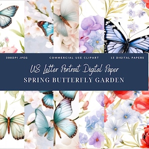 Butterfly Garden Spring digital paper US Letter Portrait, Spring Flowers, Spring background, Commercial Use, Digital Scrapbooking