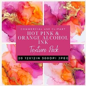 May include: A set of 20 digital paper textures featuring abstract alcohol ink designs in shades of hot pink, orange, and gold. Each texture is 12 inches by 12 inches and 300 DPI, perfect for digital scrapbooking, card making, and other creative projects.