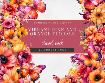 Pink and Orange Watercolor Floral Clipart: Flower Frame (Digital Download)