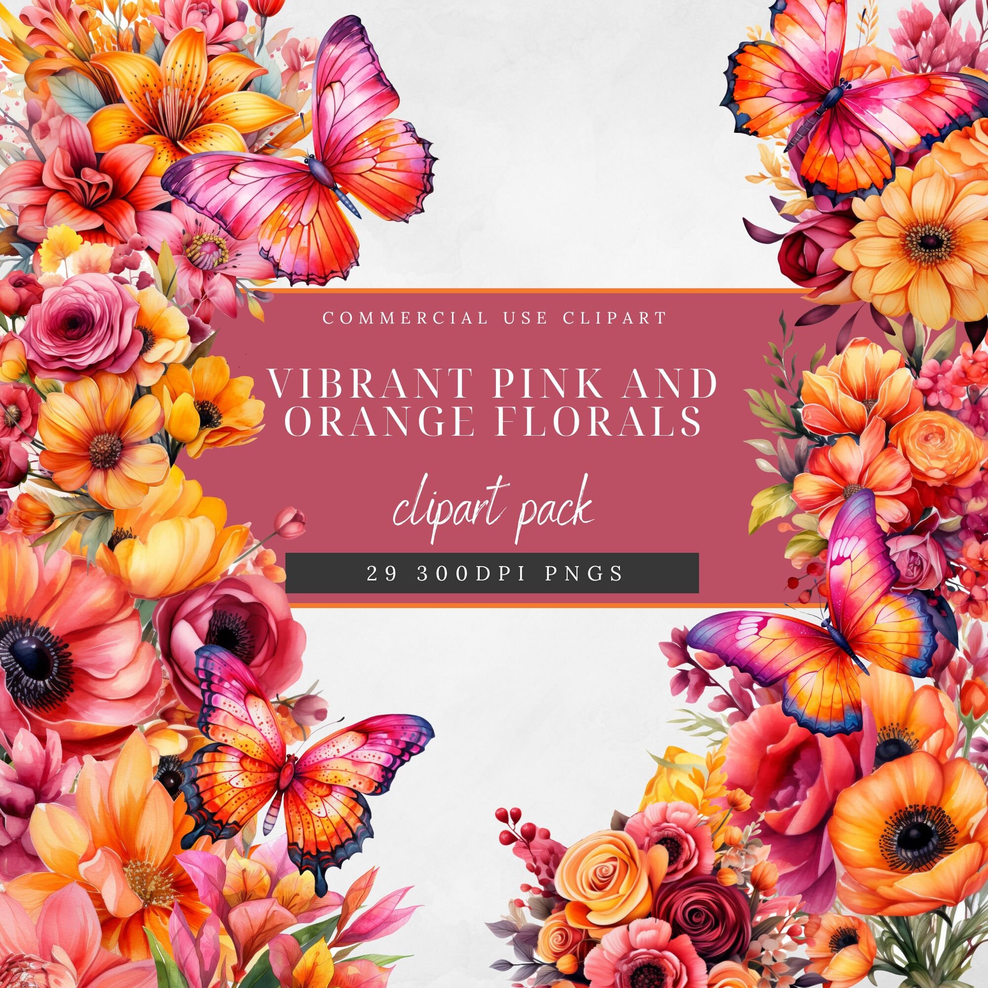 Pink and Orange Floral Clipart |Watercolor | Craft | Digital Download | Floral Clip Art | Flower Frame | Wedding Clipart | hot pink