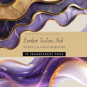 May include: Purple and gold digital clip art border texture pack. 16 transparent PNG files. Commercial use clipart.