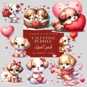 Valentinstag Welpen Clipart Pack - Aquarell Welpen Valentinstag Clip Art - Niedliche Welpen - 300 DPI PNGs, transparenter Hintergrund