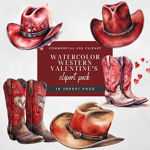 Aquarell Western Valentinstag Clipart - Valentinstag Cowboy Boots - Valentinstag Cowboy Hüte - PNG-Sublimation-Kommerzielle Nutzung Clip Art