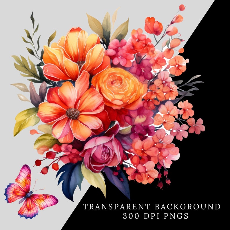 Pink and Orange Floral Clipart watercolor Craft Digital Download Floral