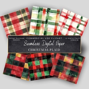 May include: Twelve digital papers featuring a seamless Christmas plaid pattern in red, green, white, and black. The plaid patterns are watercolor-style with a slightly blurred effect. Instant download, 300 DPI, commercial use clipart, 12x12 inches.