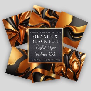 May include: Digital paper pack with 16 orange and black foil textures. Each texture is 12x12 inches and 300 DPI. Commercial use clipart.