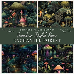 Clipart sans couture papier numérique forêt magique, forêt enchantée, 12 x 12 pouces, usage commercial, arrière-plans fantastiques, Scrapbook-background Art