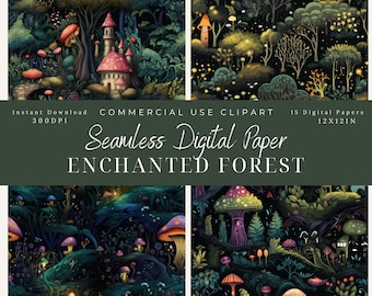 Digitaal papier betoverd bos: naadloze fantasieachtergronden (12 x 12 IN, commercieel gebruik)