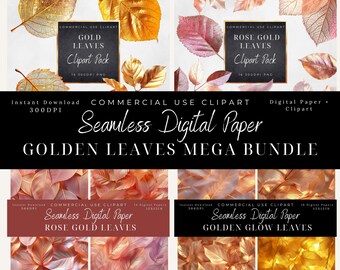 Golden Leaves Mega Bundle – Rose Gold & Gold Clipart + Digital Paper Pack, Bonus landscape Pages
