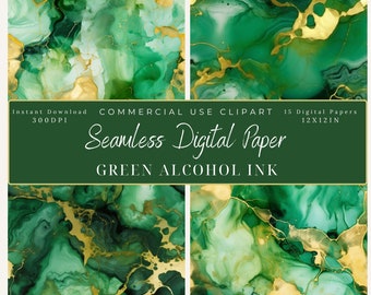 May include: A set of 15 digital papers featuring a seamless green and gold alcohol ink pattern. The papers are 12 inches by 12 inches and 300 DPI. They are for commercial use.