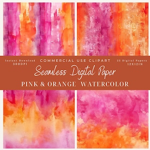 Carta digitale senza giunte dell'acquerello rosa e arancione tramonto Clipart-JPEG-uso commerciale-Scrapbook-sfondo texture arte-estate tramonto-fucsia
