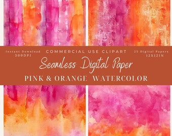 Sunset Pink and Orange watercolor seamless digital paper Clipart-JPEG-Commercial Use-Scrapbook-background texture art-summer sunset-Fuchsia