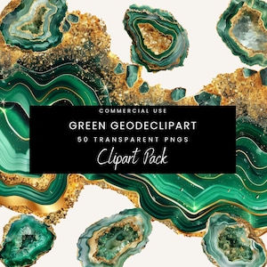 Puede incluir: Ilustración digital artística con imágenes prediseñadas de geodas verdes con detalles dorados. La imagen incluye una variedad de formas y tamaños de geodas, con el texto "GREEN GEODE CLIPART" y "Clipart Pack". El diseño general tiene una estética lujosa y natural.