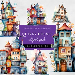 Quirky House Clipart-Whimsical House Clip art-Watercolor House-Paper Craft Supplies-Scrapbooking-Crafts-Junk Journal Elements-Commercial Use