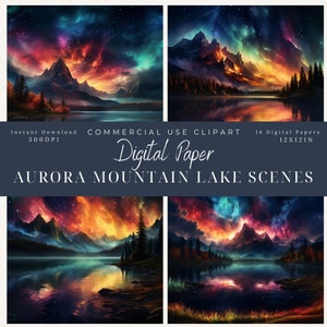 Aurora Borealis Berg See Landschaft Clipart-Digitales Papier Hintergrundtextur-Kommerzielle Nutzung-Nacht Himmel Hintergrund-Scrapbook-Textur