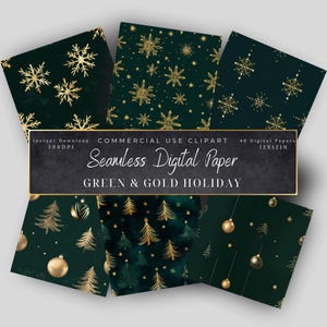 May include: A set of 40 digital papers featuring green and gold holiday patterns. The patterns include snowflakes, stars, Christmas trees, and ornaments. The papers are 12x12 inches and 300 DPI.