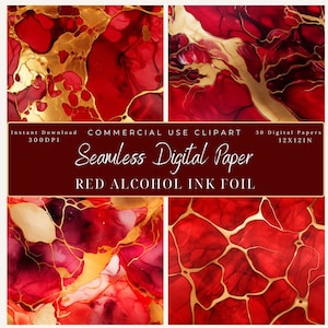 Red & Gold Alcohol Ink Foil Seamless Digital Paper Clipart-Metallic marble Textures-Commercial use-patterns-Scrapbook-background art