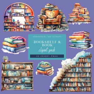 Old Bookshelf Clipart-PNG transparent background 300DPI- Booklover Clipart Bundle-Watercolor clipart--Commercial Use-Library Clip art