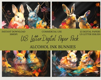 Hase Digital Papier Alkohol Tinte-Waldtiere-Kommerzielle Nutzung-US Letter Size-Scrapbook-Hintergrund Kunst-Junk Journal Seiten-Papierhandwerk