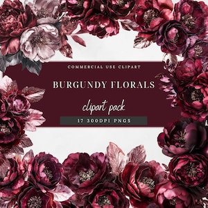 Burgundy Floral Clipart: Foil Texture Flower Frame (Digital Download)