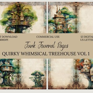 Quirky Whimsical Treehouses Junk Journal Digital Paper-Commercial Use-US Letter-Scrapbook-background art-Paper Crafts-supplies