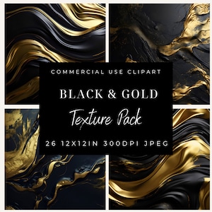 Puede incluir: Un conjunto de 26 texturas digitales con remolinos y vetas abstractas en negro y dorado. Las texturas tienen un tamaño de 30,48 x 30,48 cm y 300 DPI, en formato JPEG. CLIPART DE USO COMERCIAL NEGRO & DORADO Texture Pack