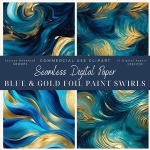 Blue & Gold Foil Paint Swirls Seamless Digital Paper-Commercial use-patterns-Scrapbook-background art-texture-Royal blue-Navy-Metallic