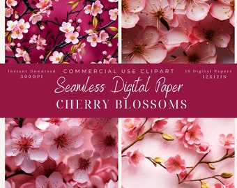 Spring Cherry Blossom Seamless Digital Paper Clipart-Pink and Gold-Commercial Use-12x12in-digital paper patterns-Scrapbook-background art