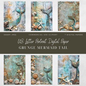 Grunge Mermaid Tail papel digital US Letter clipart, bajo los fondos marinos, conchas marinas, uso comercial, Scrapbooking digital-grunge