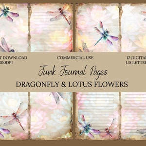 Lotus Blume Libelle Junk Journal Digitales Papier-Kommerzielle Nutzung-US Letter Size-Scrapbook-Hintergrund Kunst-Seiten-Papier Handwerk-Zubehör
