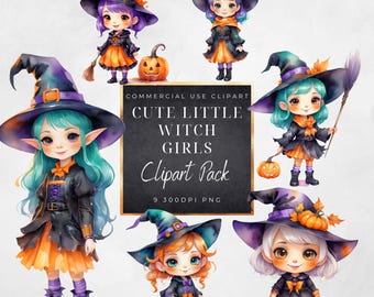 Cute Little Witch Girls Clipart- Magical Witch-Magic School-Halloween- PNG-commercial use