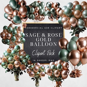 Sage and Rose Gold Balloon Clipart- 300DPI Transparent PNG-Invites-Birthday Cards-Prints-Commercial Use-party invites