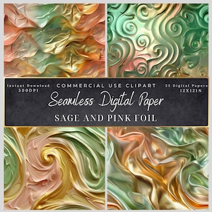 Papiers numériques sauge et rose, textures de marbre métalliques sans soudure, motif à usage commercial, art de fond pour scrapbooking, vert clair, tourbillon rose blush