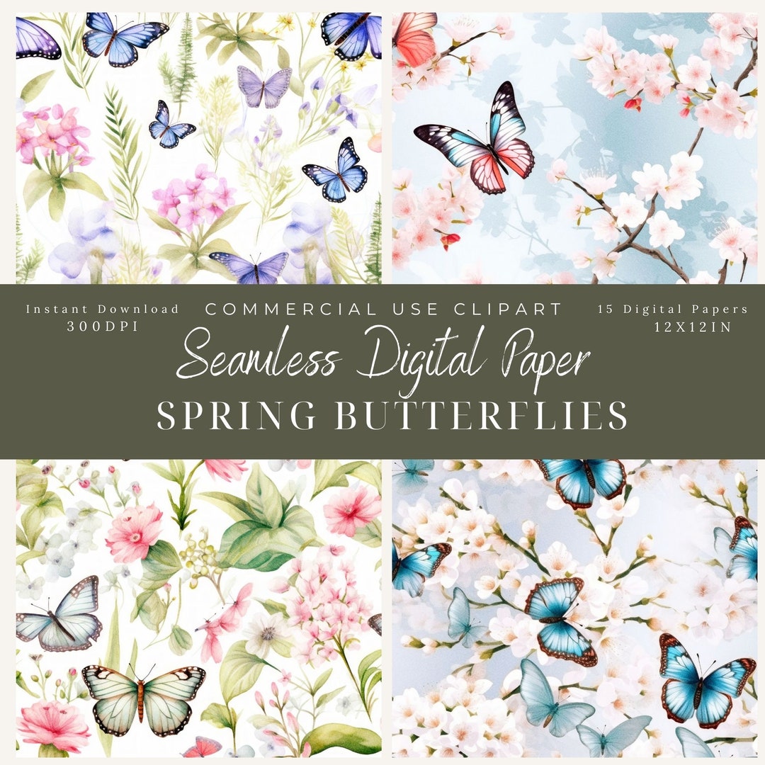 Butterfly Digital Paper: Spring Floral Seamless Pattern (digital ...