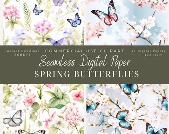 Butterfly Digital Paper: Spring Floral Seamless Pattern (Digital Download)