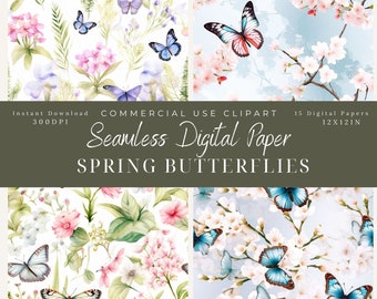 Butterfly digital paper seamless pattern, Spring Flowers, Spring background, Butterfly pattern Commercial Use, Daisies, Digital Scrapbooking