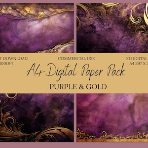 Papier numérique violet et or Clipart-usage commercial-A4 taille-scrapbook-arrière-plan art-junk Journal Pages-papier artisanat