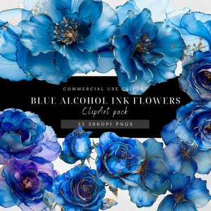 Blauwe bloem alcoholinkt clipart | Papiermodellen | Digitale download | Bloemenillustraties | Bloemenlijst | Bruiloftsclips | Koningsblauw goud