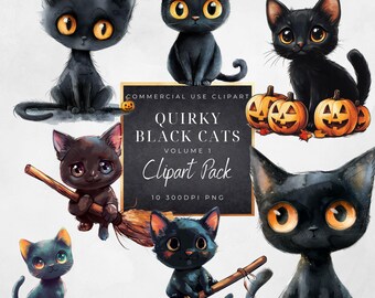 Quirky Cat Halloween Clipart-Cute Black Cat- PNG-whimsical commercial use clipart