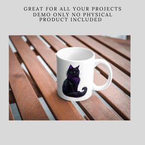 May include: White ceramic mug featuring a black cat with purple eyes, sitting on a wooden table. The cat is looking to the right. The mug has a handle on the right side.