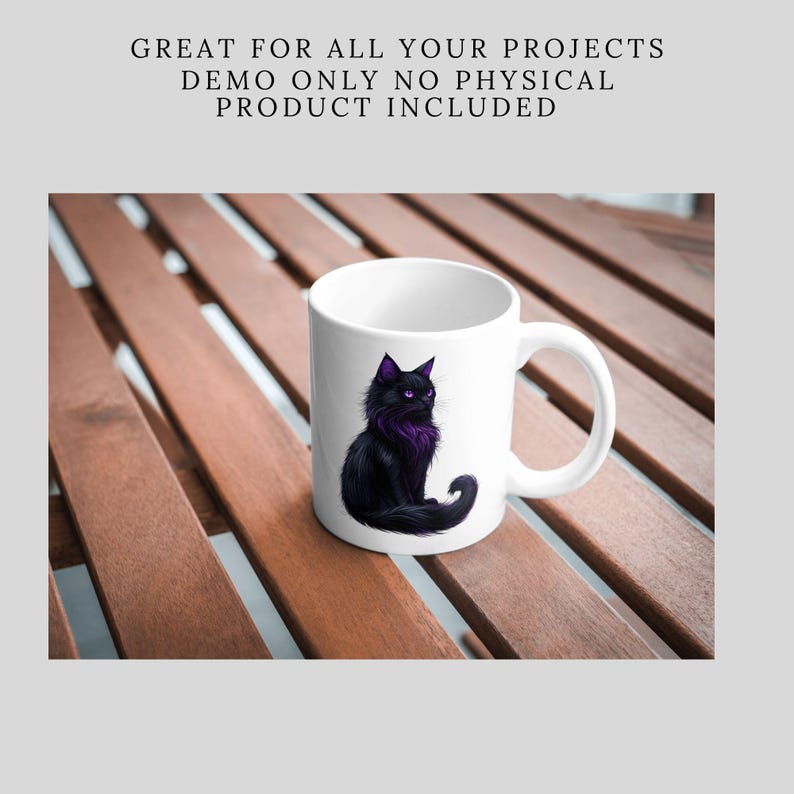 May include: White ceramic mug featuring a black cat with purple eyes, sitting on a wooden table. The cat is looking to the right. The mug has a handle on the right side.
