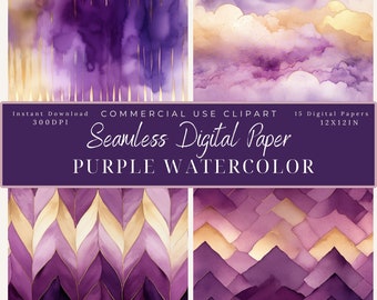Purple Watercolor Seamless Digital Paper clipart-Digital download- watercolor patterns-Scrapbook-digital background art-Gold