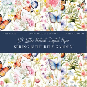 Primavera borboleta jardim papel digital eua carta retrato, flores da primavera, fundo da primavera, uso comercial, scrapbooking digital