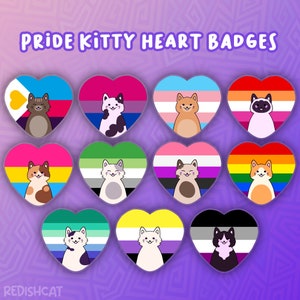 Pride Cat Heart Badges - LGBT Pin Button Heart Shape Badge With Cute Cat