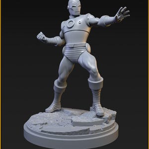 May include: A gray, 3D-printed figurine of the Classic Iron Man, posed on a textured base. The figure is in a dynamic stance, with one arm extended. The base reads "Classic Iron Man" and "40mm on 35mm base."