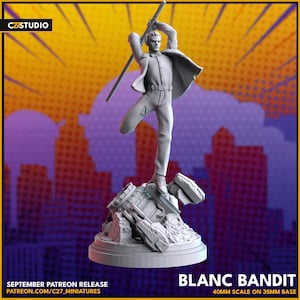 May include: A gray 3D printed miniature of a person holding a staff, standing on a broken, futuristic base. The miniature is 40mm in scale and is on a 35mm base. The text "Blanc Bandit" is printed below the miniature. The text "SEPTEMBER PATREON RELEASE PATREON.COM/C27_MINIATURES" is printed below the base.