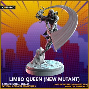 May include: A 3D-printed miniature of the Limbo Queen from the New Mutant series. The figure is in a dynamic pose, wielding a large blade. The base is 35mm, and the figure is 40mm tall. The background is a comic book style design.